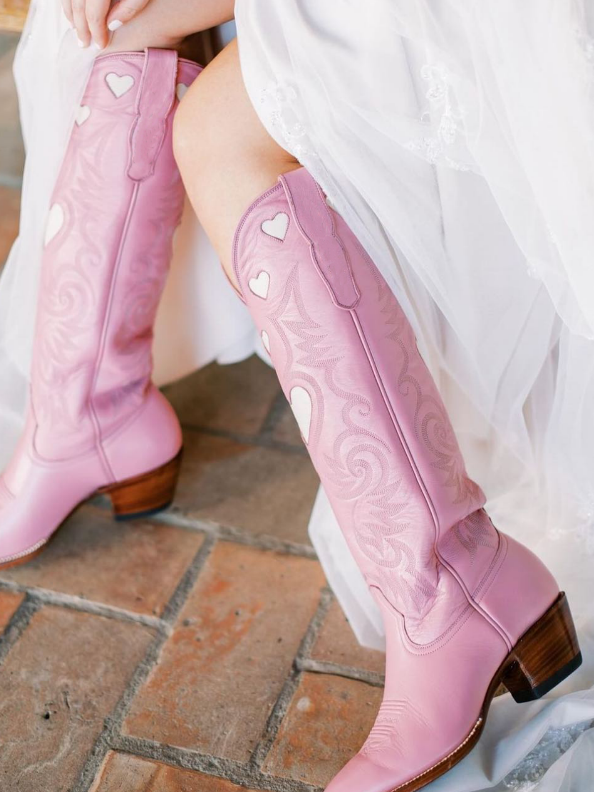 Ivory Heart Inlay Embroidery Almond-Toe Tall Wide Mid Calf Cowgirl Boots - Pink