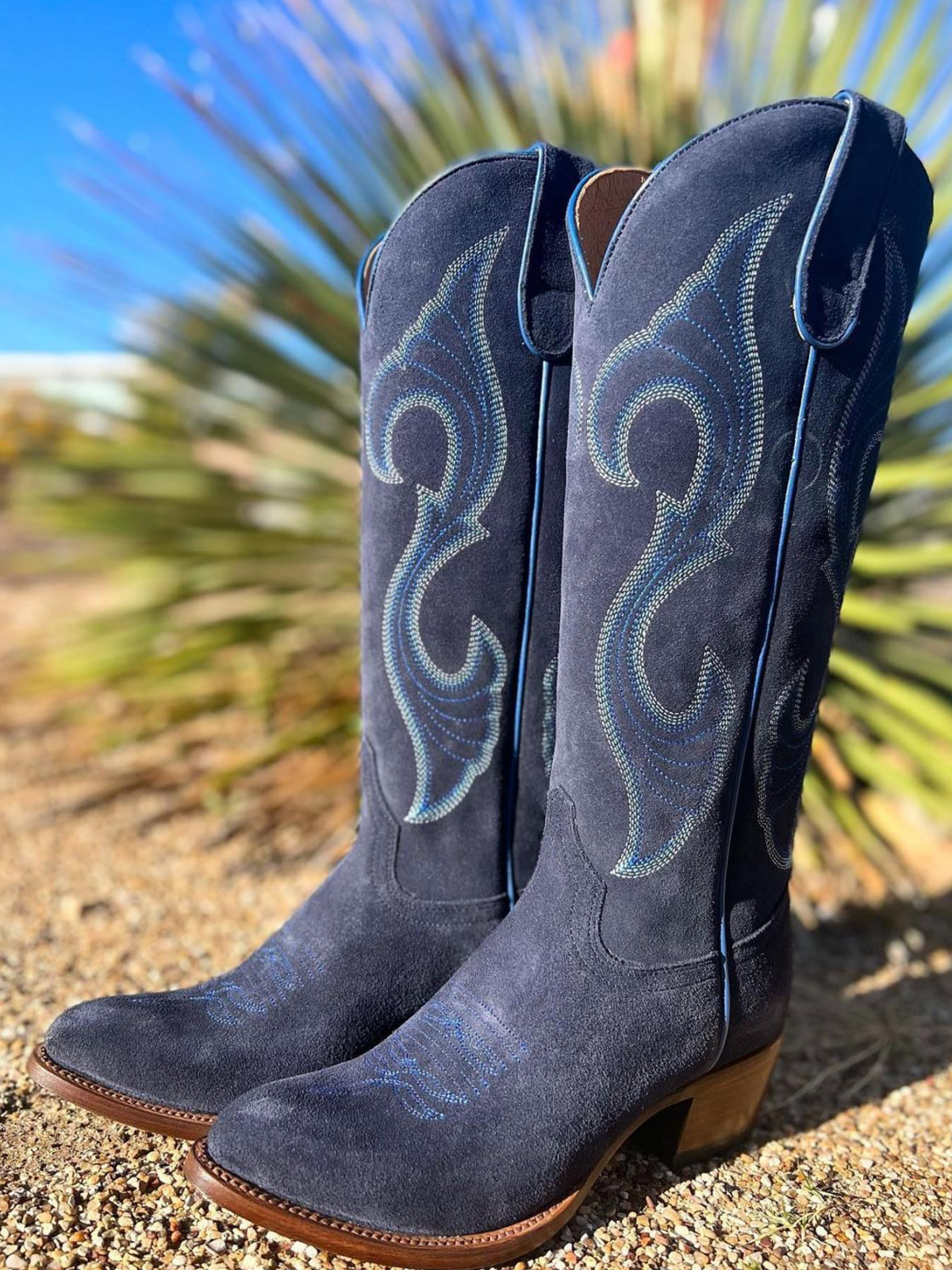 Dark Blue Faux Suede Embroidery Almond-Toe Wide Mid Calf Cowboy Boots For Women