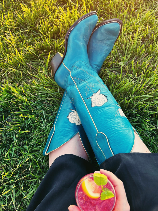 Steel Blue Almond-Toe Cowgirl Wide Calf Boots With White Rose Inlay