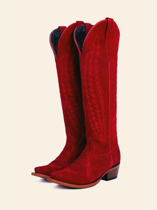 Red Faux Suede Embroidery Half Zip Cowgirl Boots Mid Calf Western Tall Boots