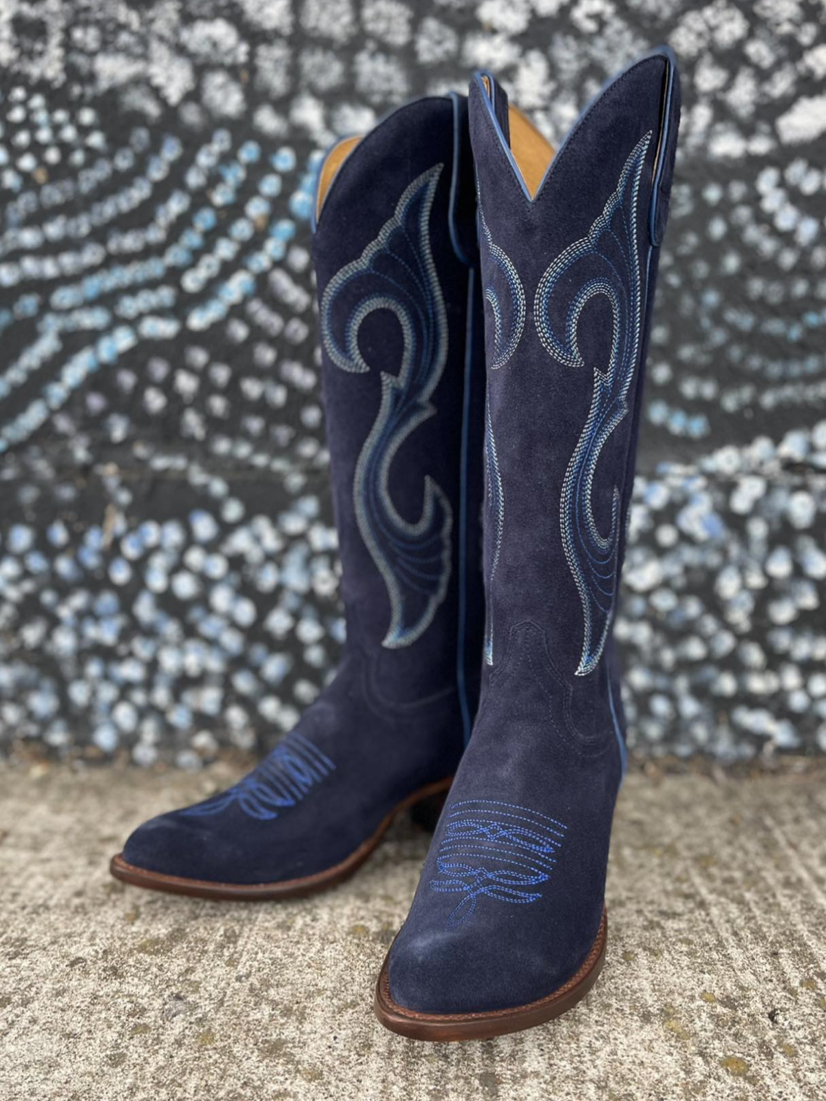 Dark Blue Faux Suede Embroidery Almond-Toe Wide Mid Calf Cowboy Boots For Women