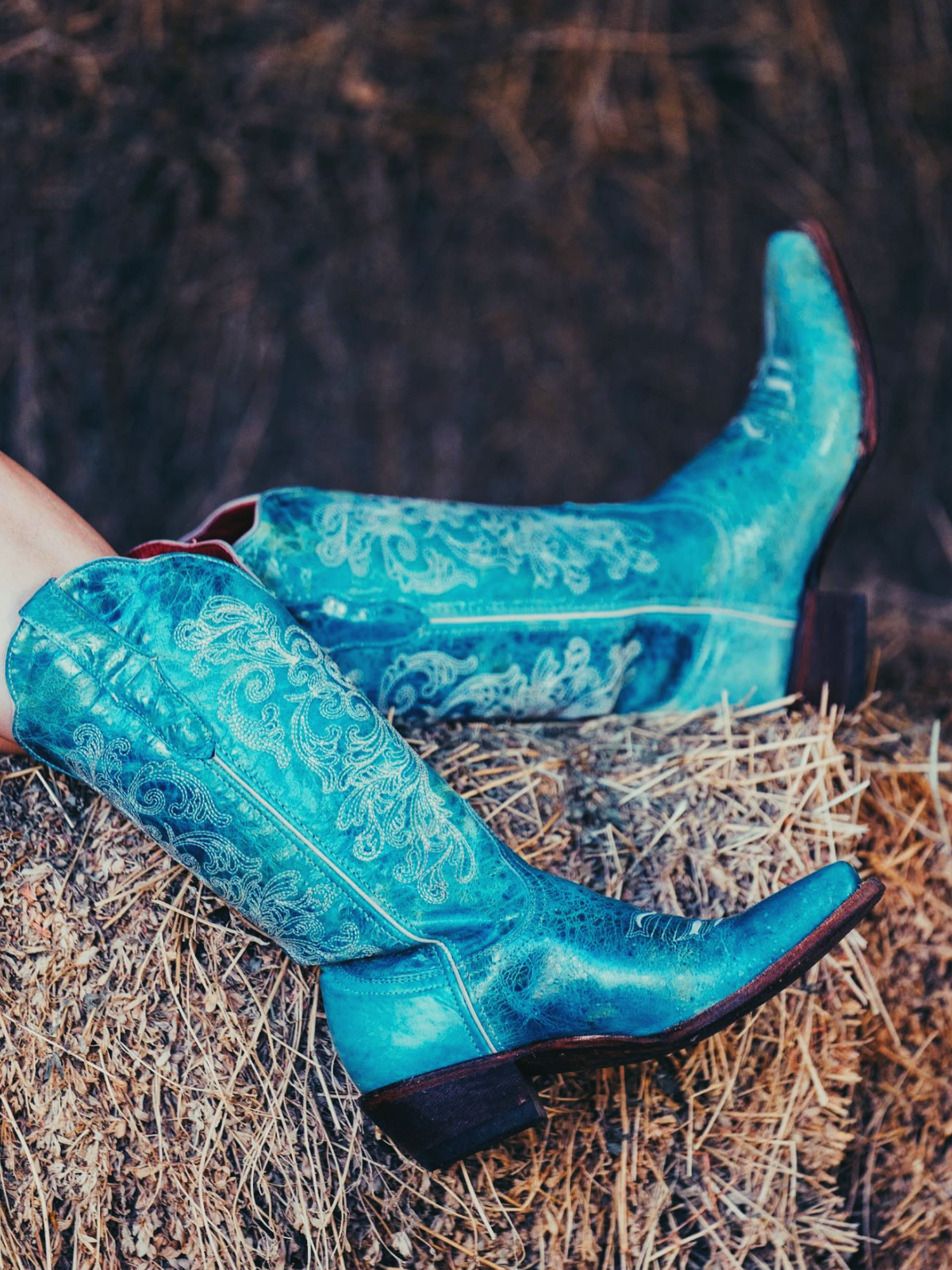 Turquoise Floral Embroidery Snip-Toe Wide Mid Calf Western Boots Cowgirl Tall Boots