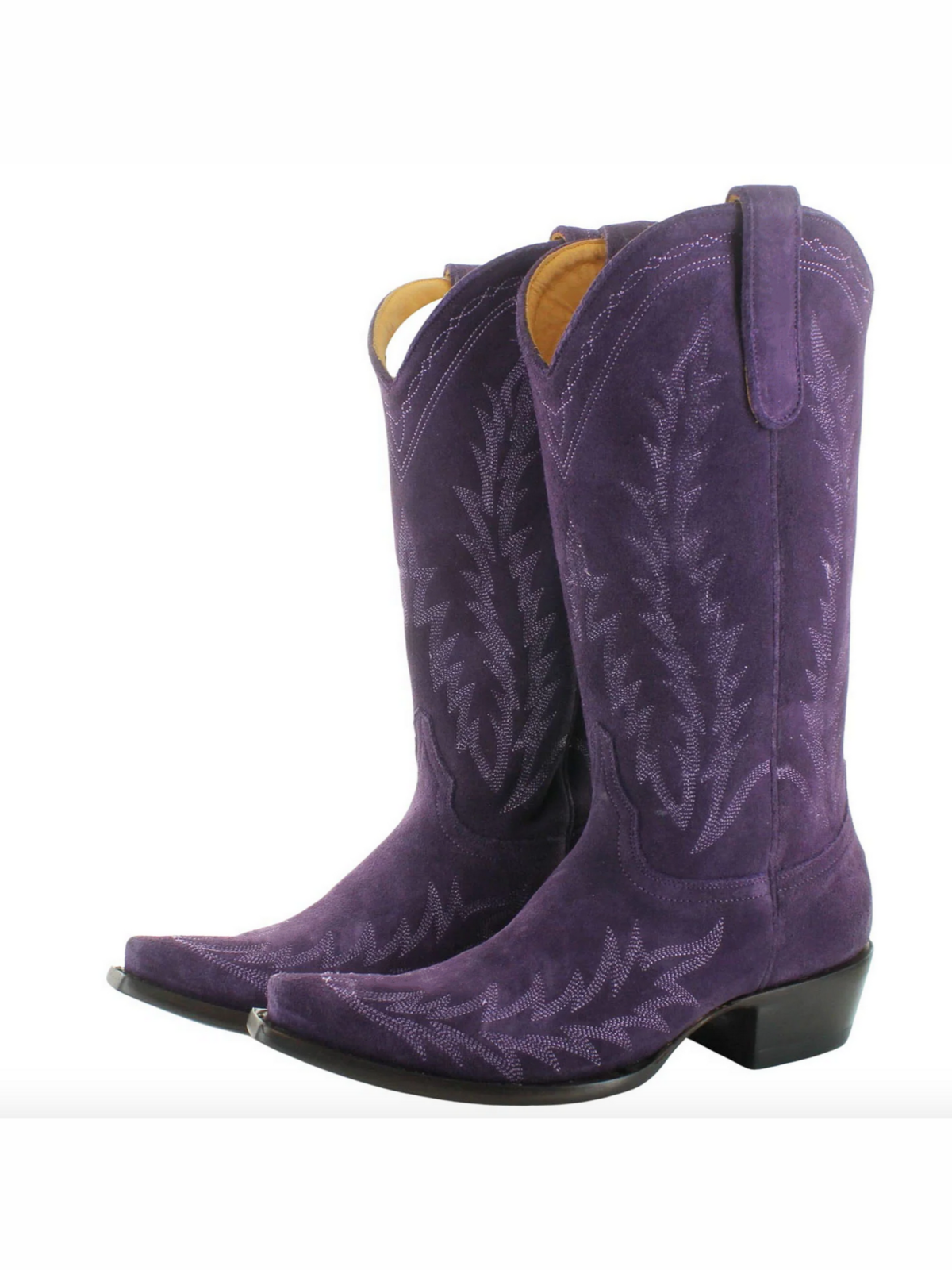 Purple Faux Suede Embroidery Snip-Toe Wide Mid Calf Tall Western Boots