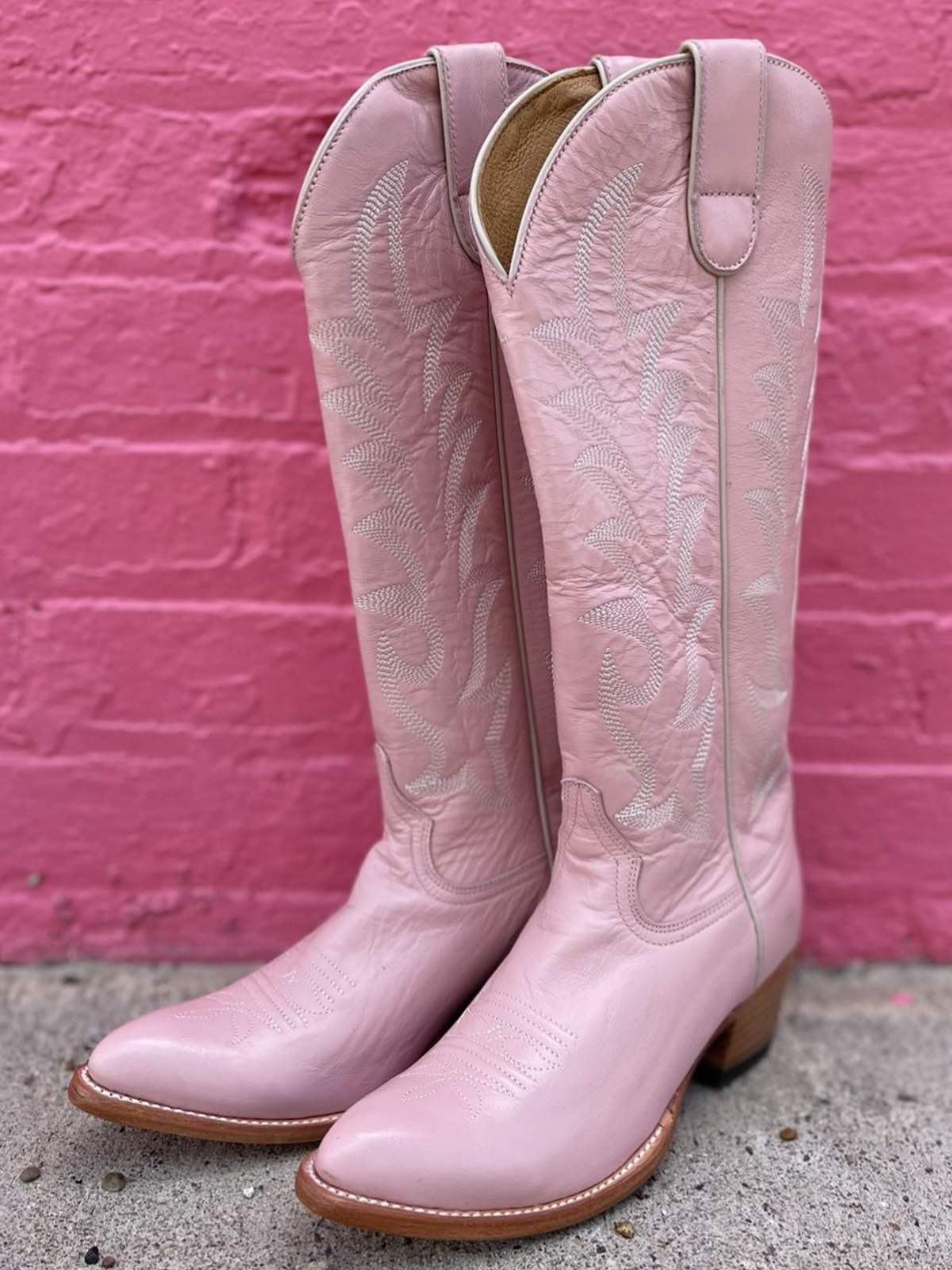 Light Pink Embroidery Almond-Toe Wide Mid Calf Cowboy Tall Boots For Women