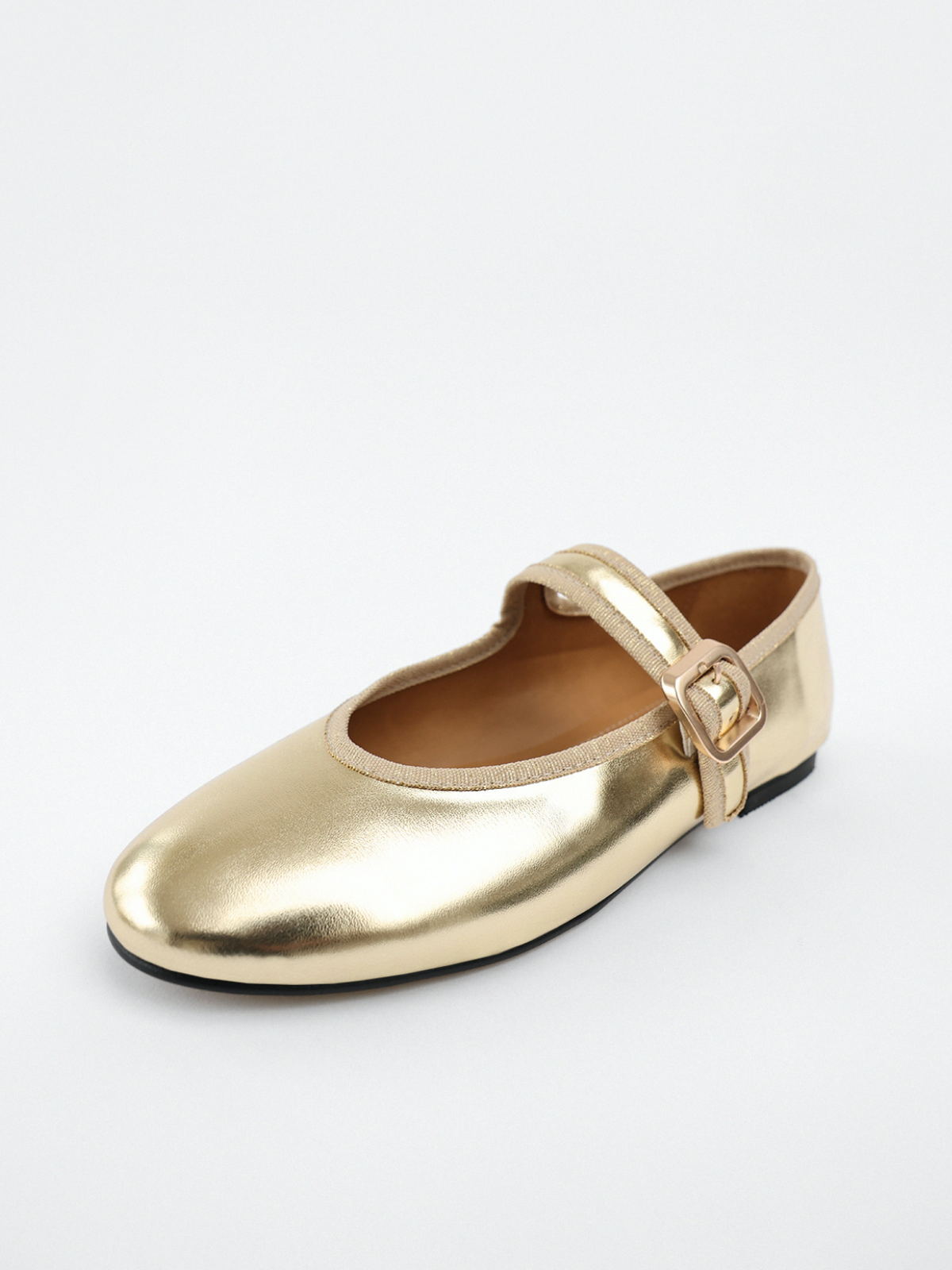 Metallic Gold Buckled Detailed Oval Ballet Flats Mary Janes With Wide Strap