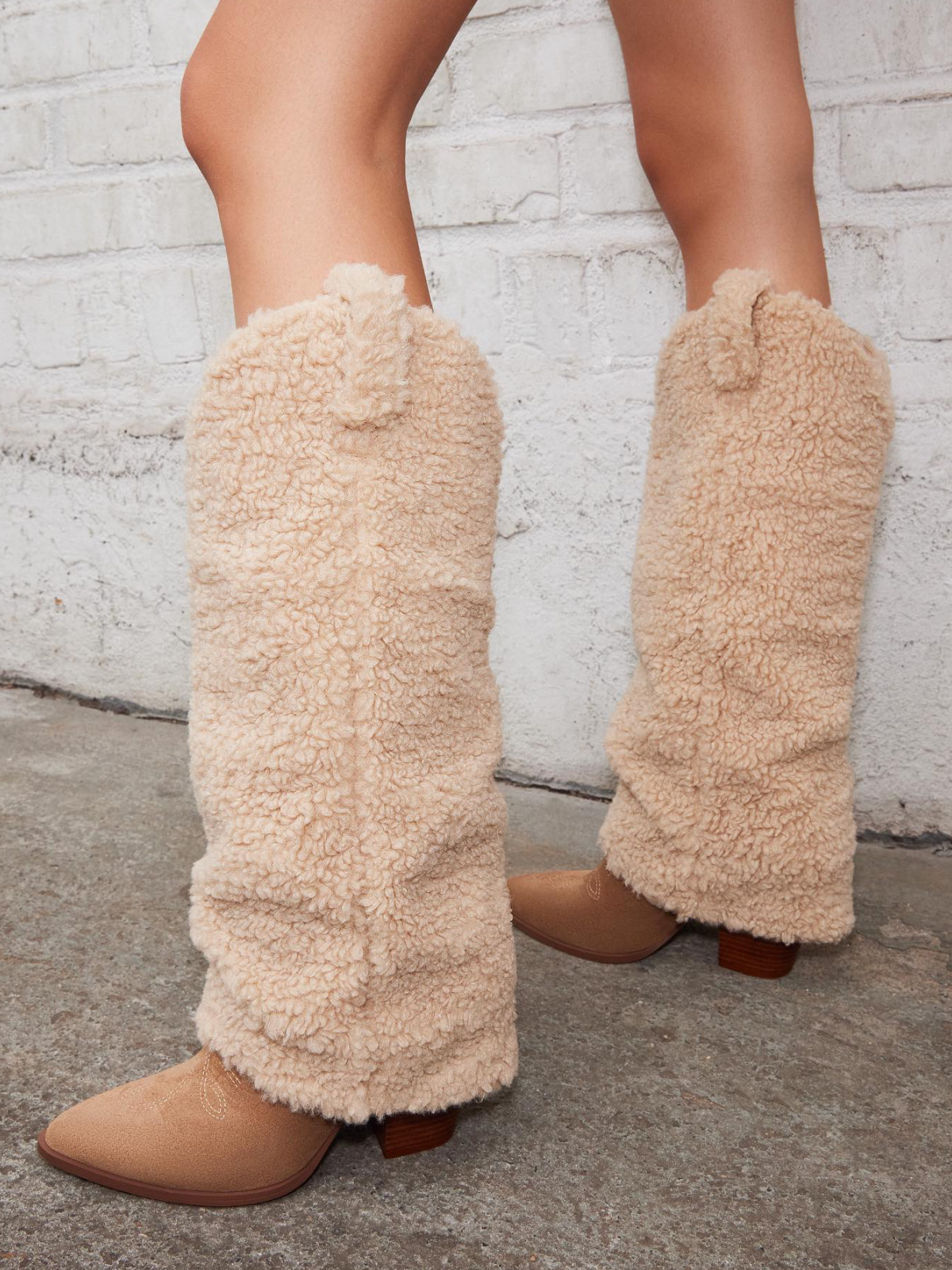 Tan Contrast Faux Suede And Fluffy Fold-Over Wide Mid Calf Tall Cowgirl Boots