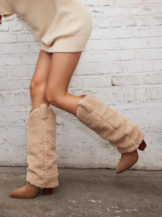 Tan Contrast Faux Suede And Fluffy Fold-Over Wide Mid Calf Tall Cowgirl Boots