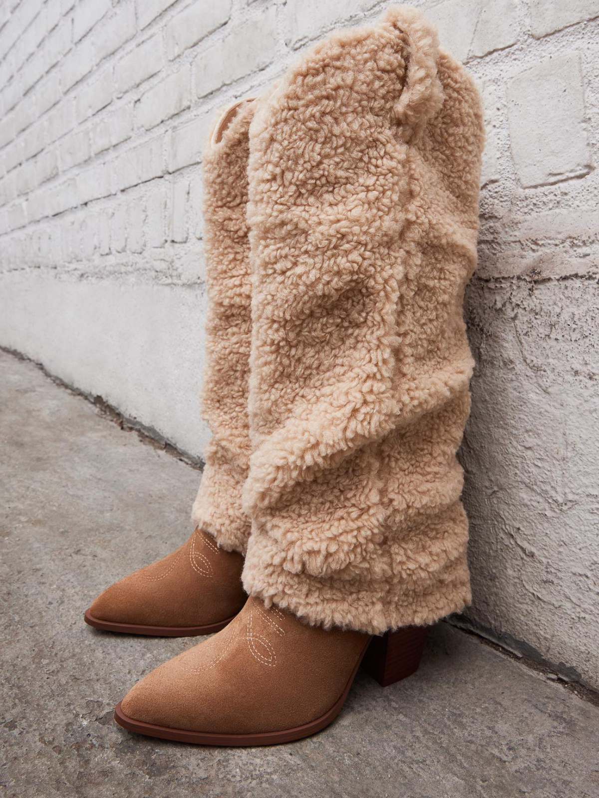 Tan Contrast Faux Suede And Fluffy Fold-Over Wide Mid Calf Tall Cowgirl Boots