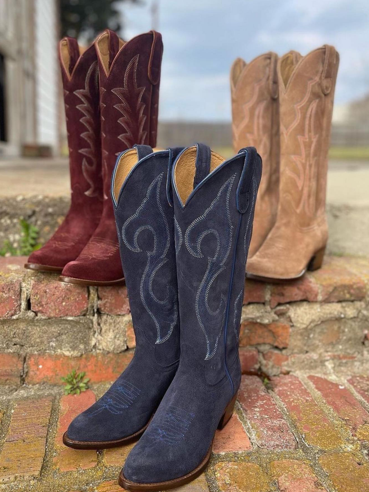 Dark Blue Faux Suede Embroidery Almond-Toe Wide Mid Calf Cowboy Boots For Women