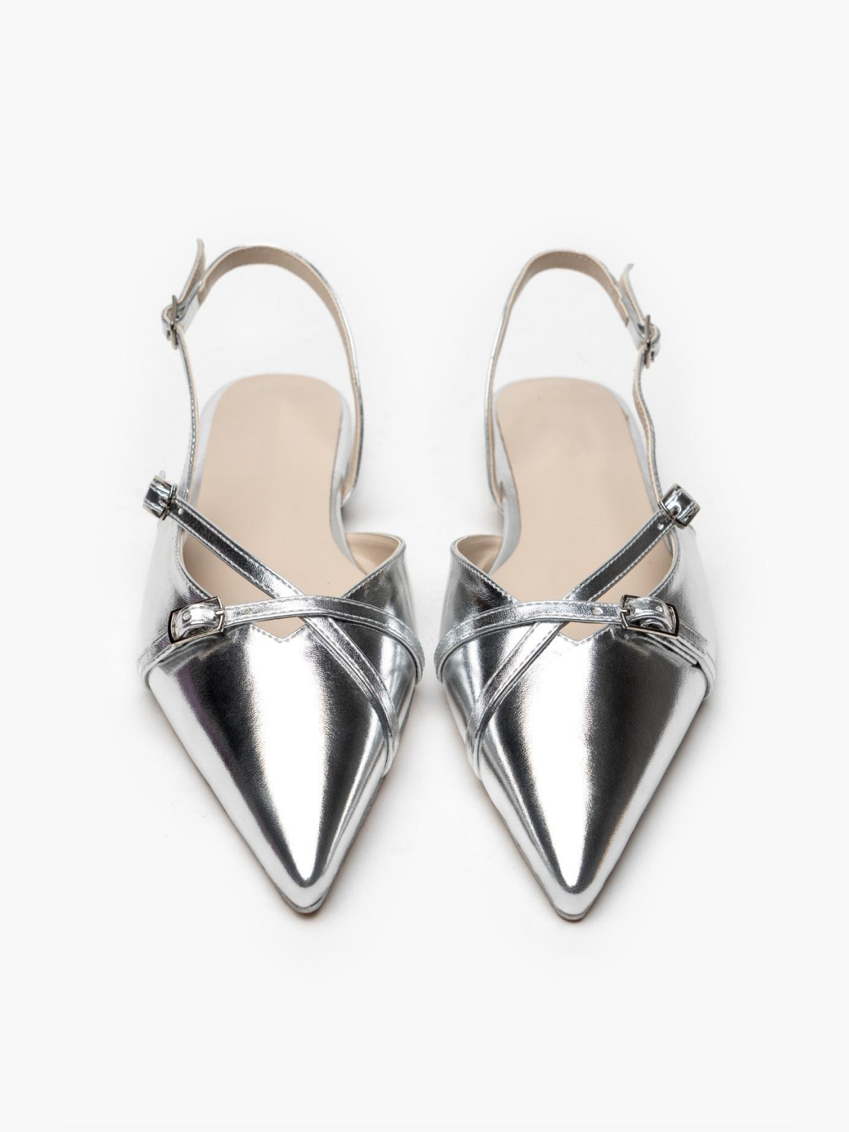 Metallic Silver Buckled Belt Detail Pointy Ballet Flats Slingbacks