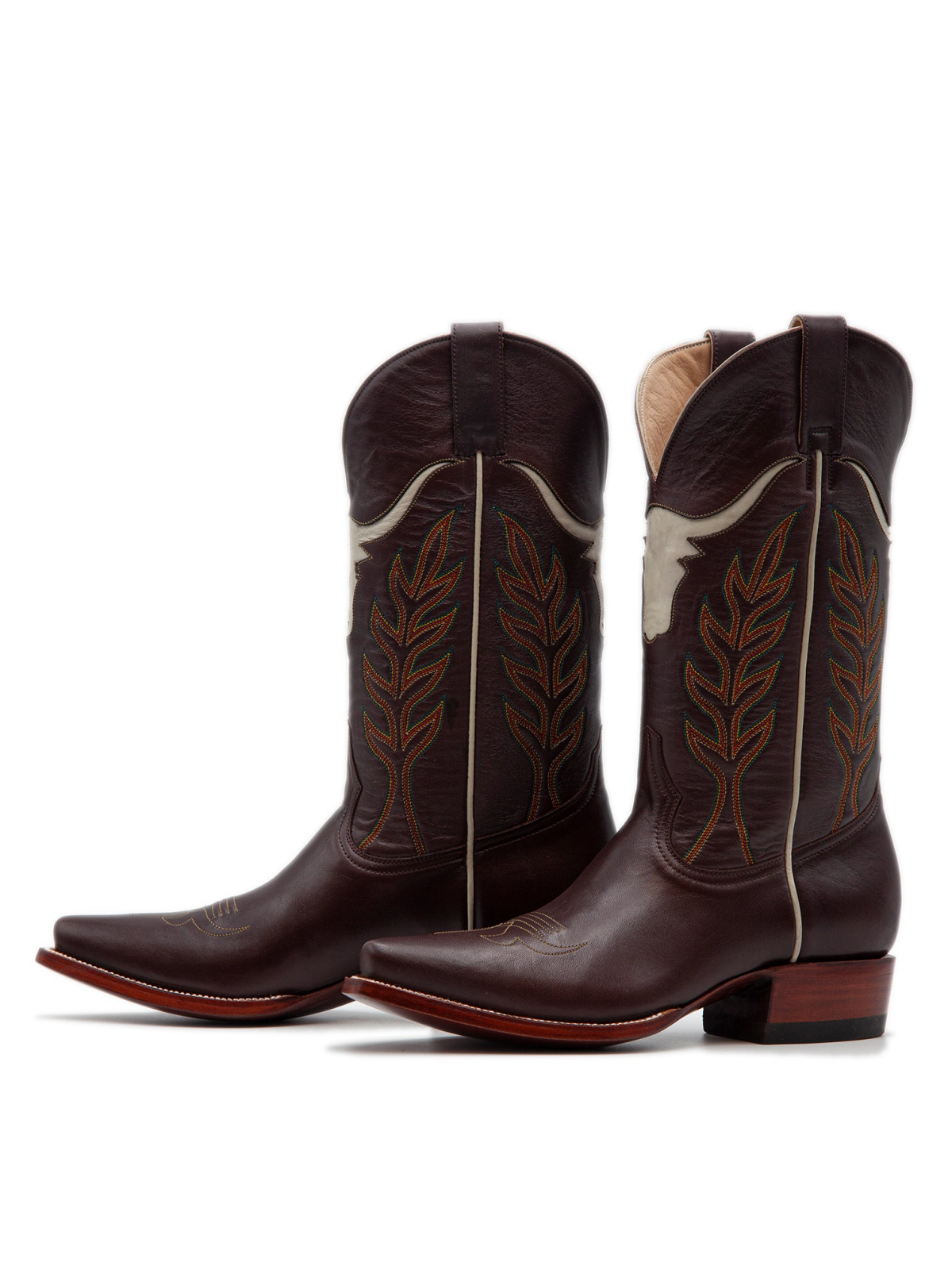 Dark Brown Embroidery Inlay Snip-Toe Wide Mid Calf Tall Cowgirl Boots