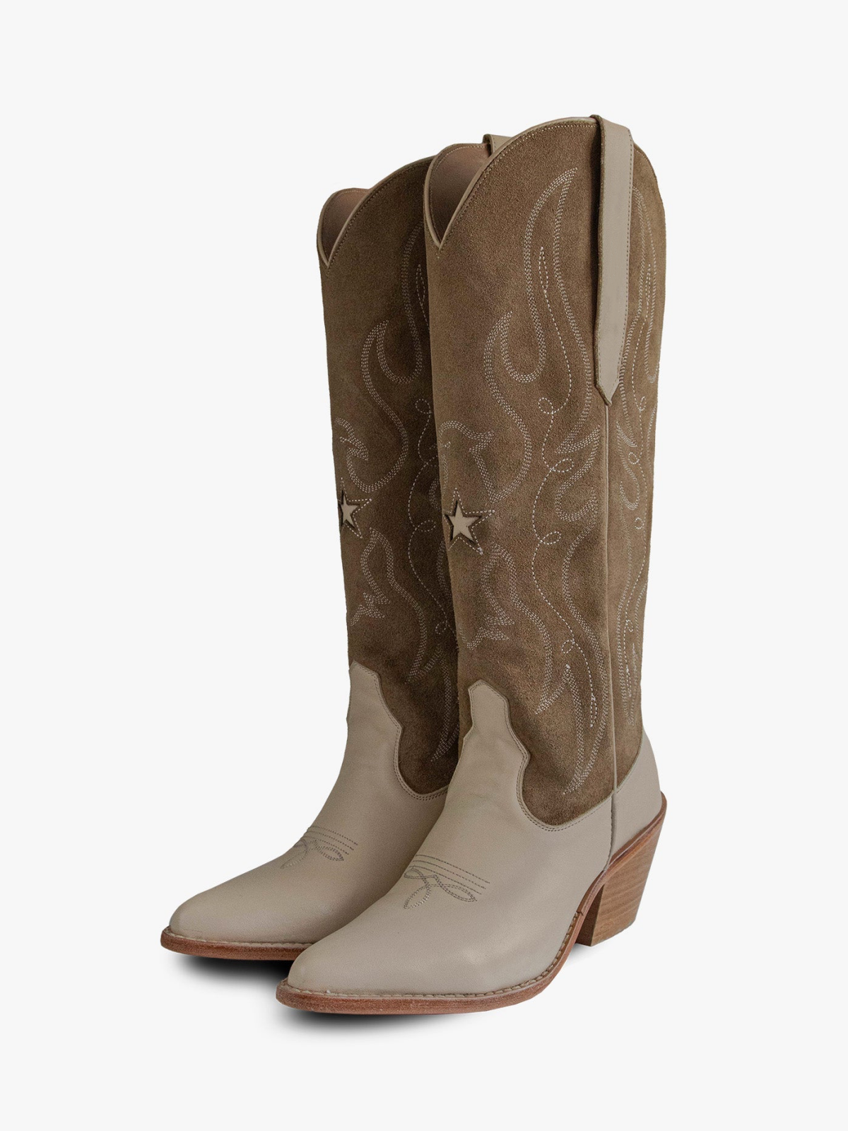 Contrast Taupe Faux Suede And Gray Snip-Toe Embroidery Star Inlay Wide Mid Calf Cowgirl Boots