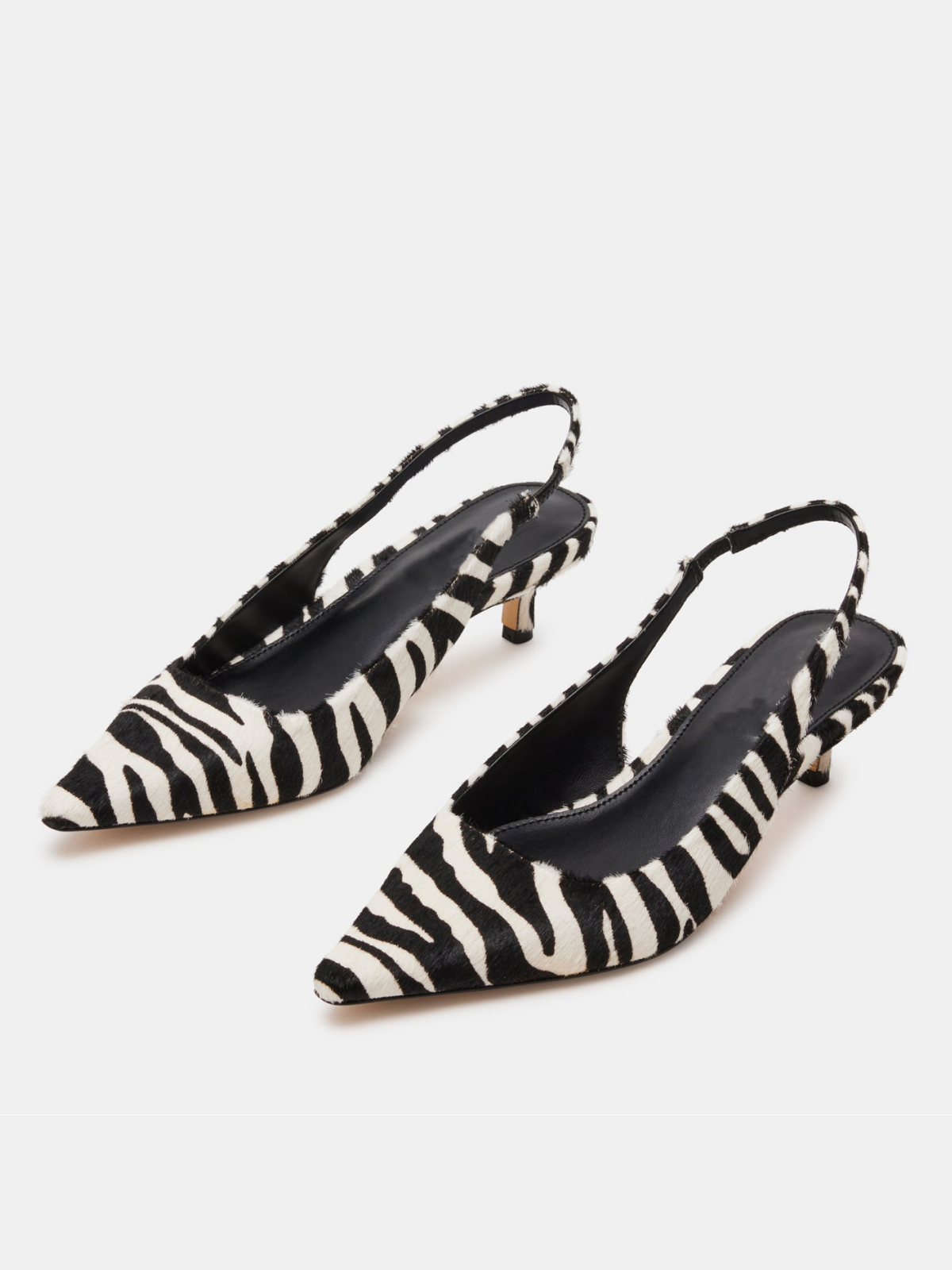 Zebra-Print Pony Hair Pointed-Toe Slingback Strap Kitten Heels