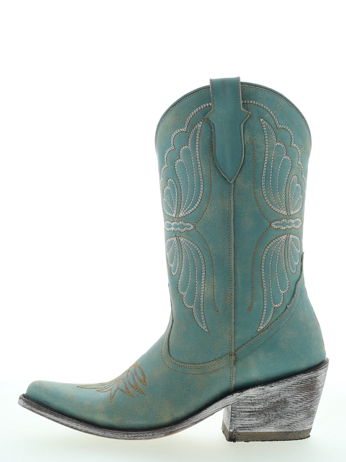 Butterfly Embroidery Almond-Toe Wide Mid Calf Cowgirl Boots - Aqua