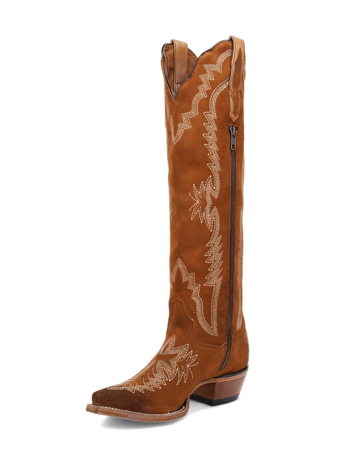 Brown Embroidery Faux Suede Snip-Toe Zip Cowgirl Boots Knee High Tall Boots