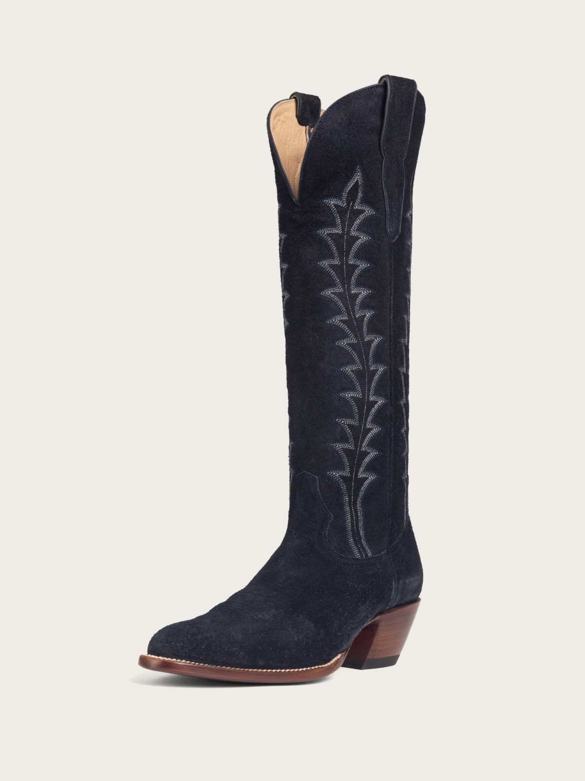 Dark Blue Faux Suede Embroidery Almond-Toe Wide Mid Calf Tall Cowgirl Boots