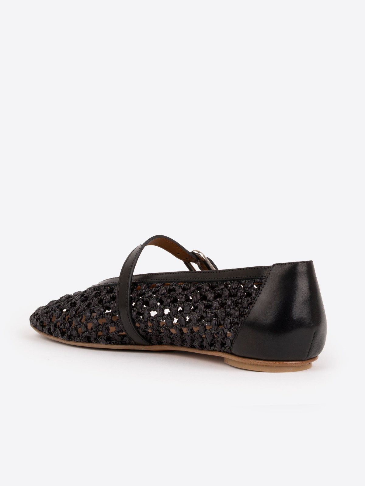 Black Raffia Woven Square Toe Ballet Flats Mary Janes With Buckled Strap