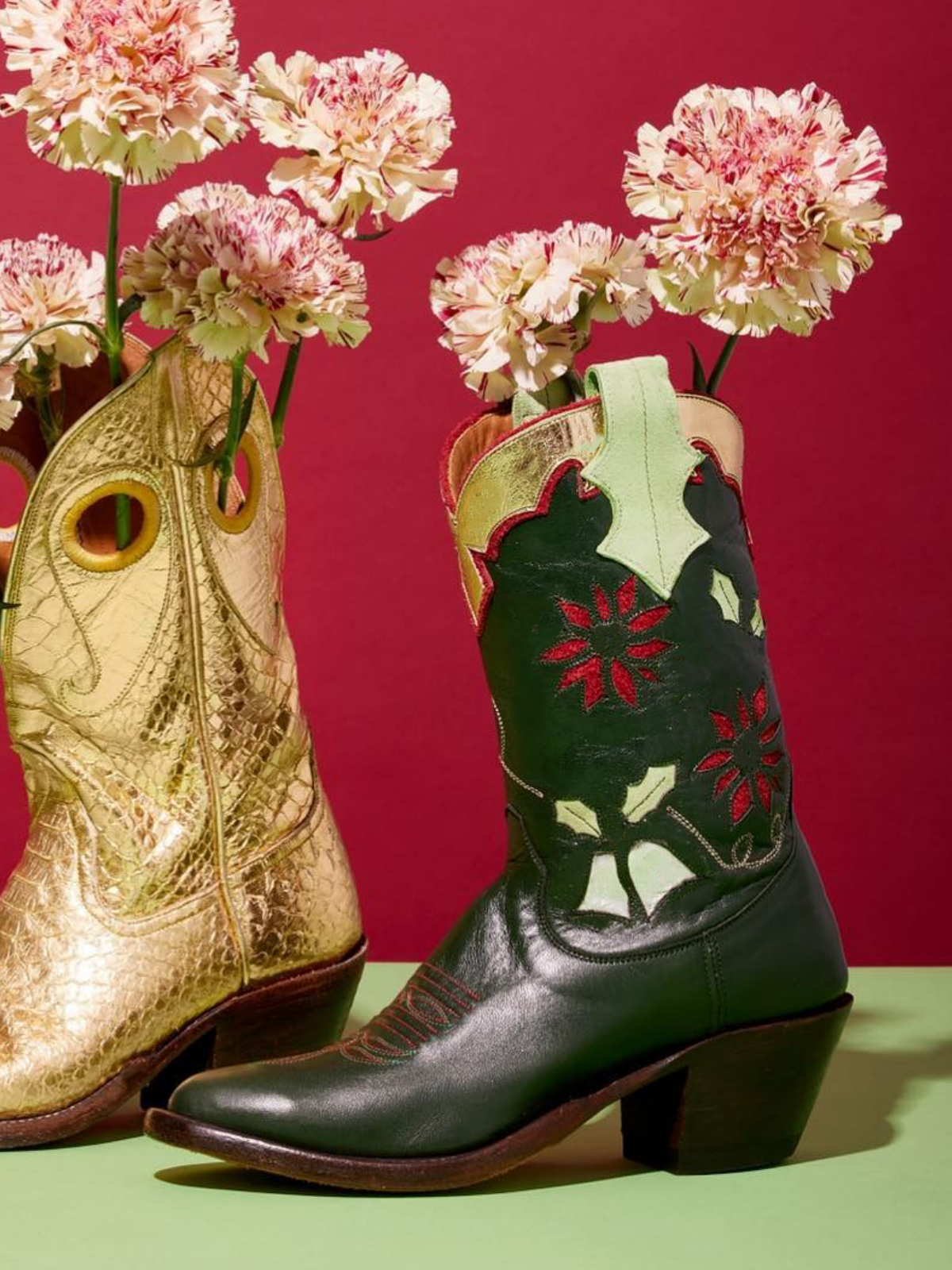 Dark Green Almond-Toe Metallic Faux Suede Collar Inaly Wide Mid Calf Cowgirl Boots