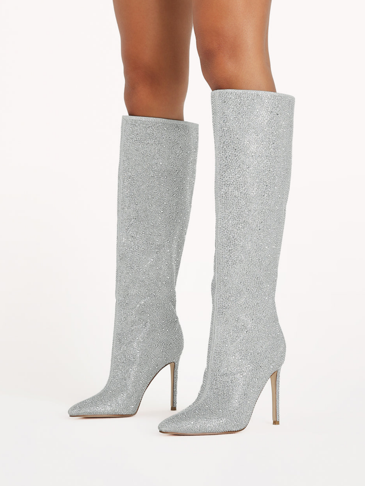 Metallic Silver Pointed-Toe Rhinestone Wide Mid Calf Stiletto Boots