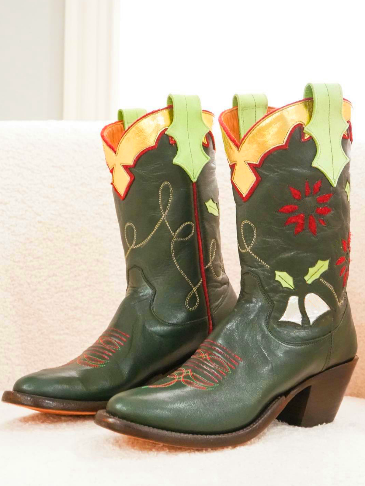 Dark Green Almond-Toe Metallic Faux Suede Collar Inaly Wide Mid Calf Cowgirl Boots