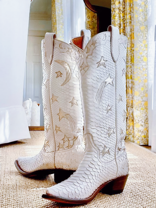 White Snakeskin Snip-Toe Metallic Gold Star And Moon Inlay Wide Calf Knee High Cowgirl Boots