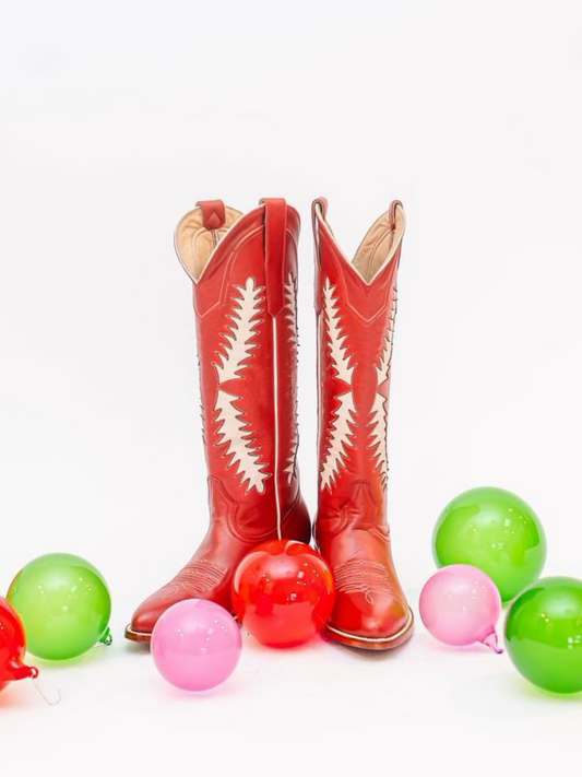 Red Almond-Toe Wide Calf Cowgirl Boots Knee High Tall Boots With White Inlay