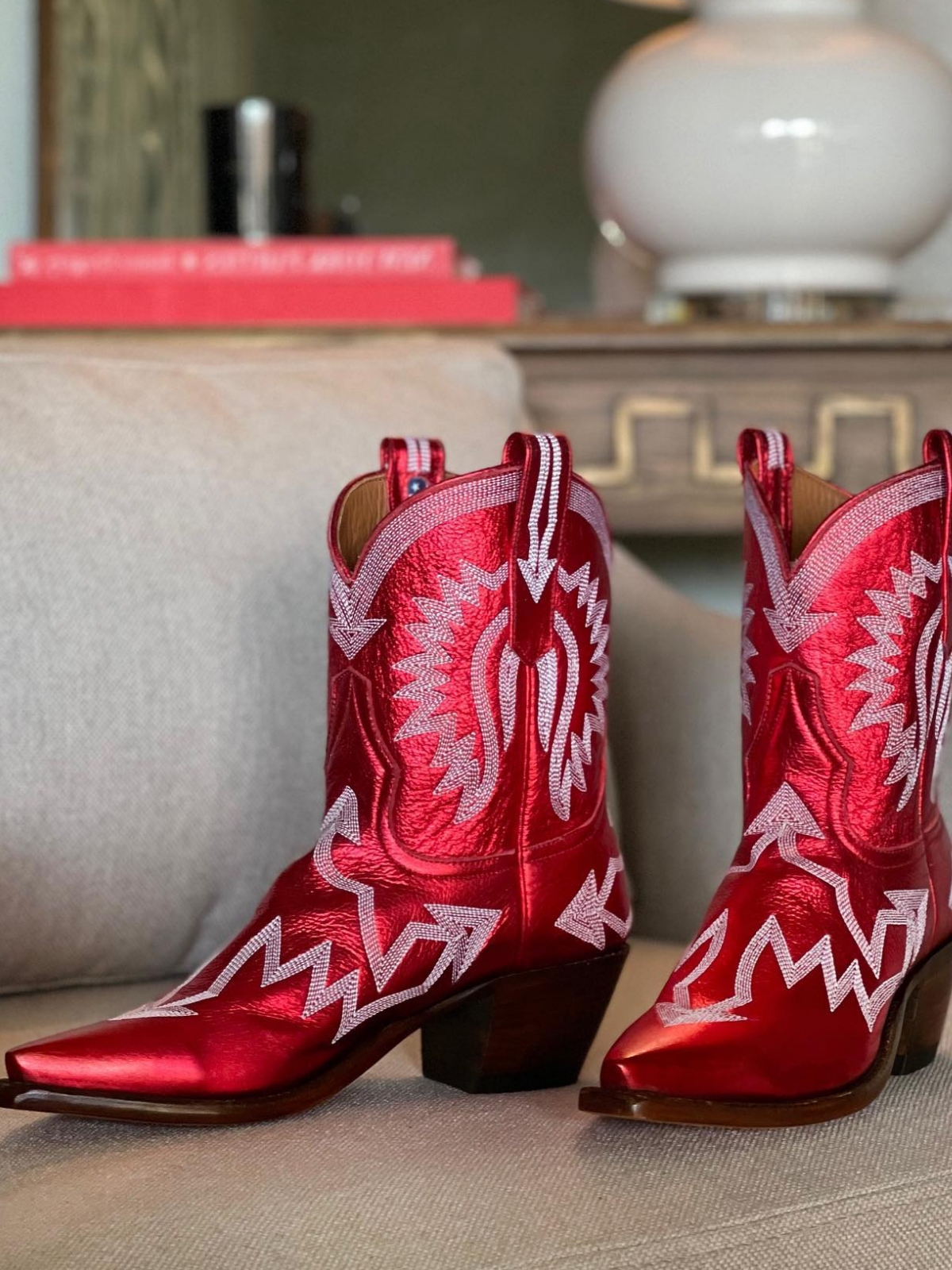 Metallic Embroidery Snip-Toe Wide Mid Calf Cowgirl Boots - Red