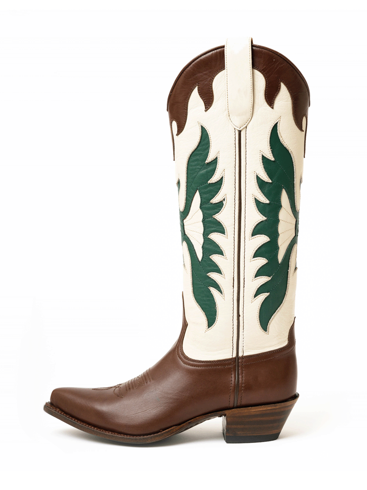 Contrast Brown And Ivory Snip-Toe Eagle Inlay Wide Mid Calf Tall Cowgirl Boots