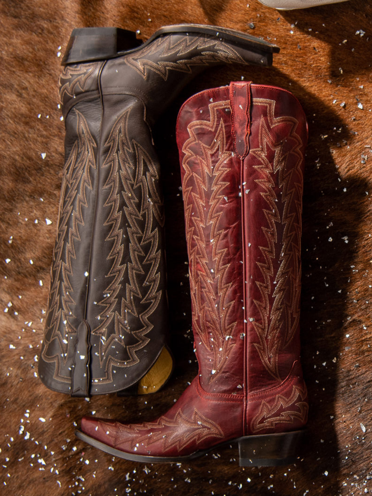 Burgundy Red Leaf Embroidery Wide Calf Knee High Tall Boots