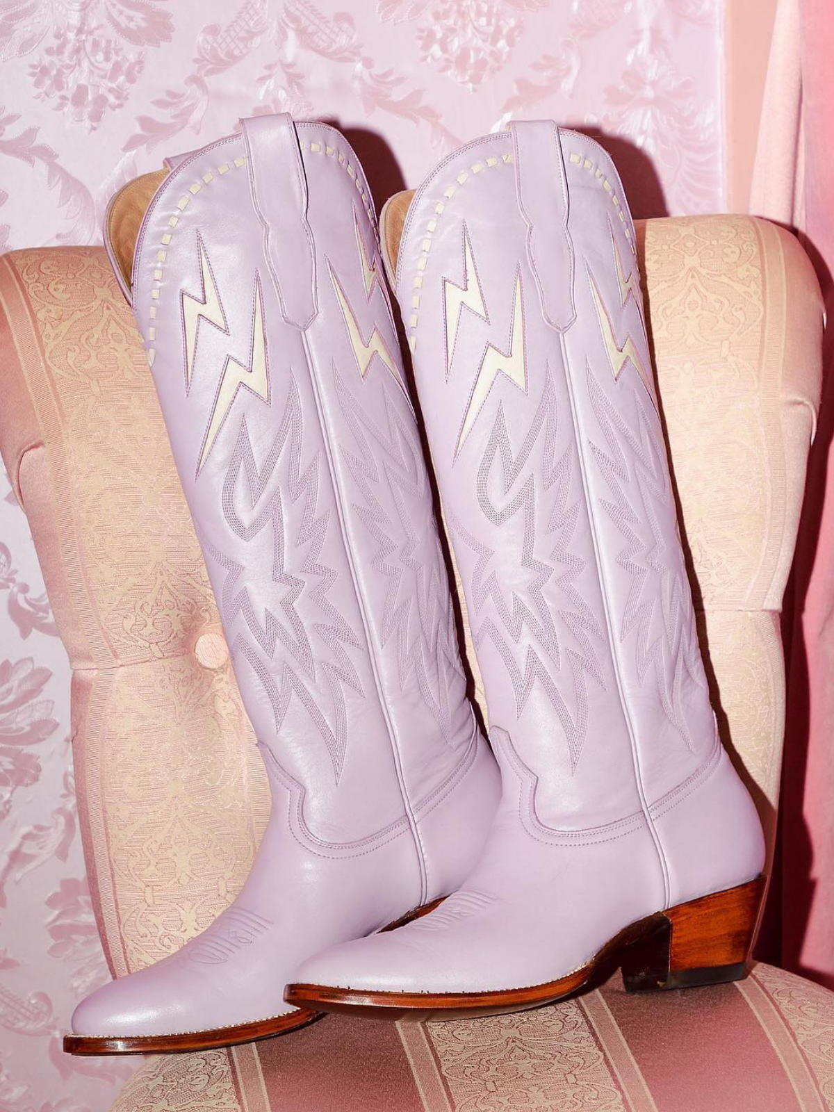 White Lightning Inlay Stitch Embroidery Almond-Toe Wide Mid Calf Tall Cowgirl Boots - Lavender