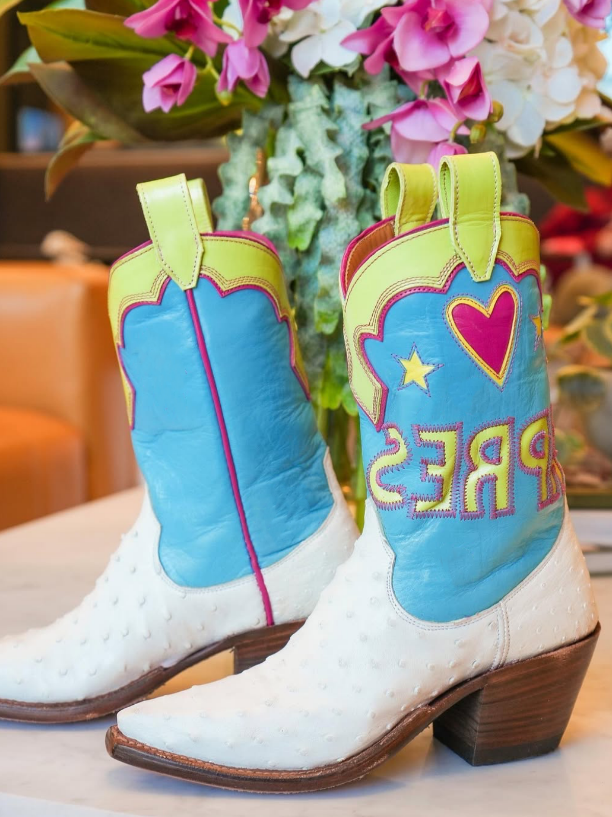 Contrast Tri-Color Ostrich-Textured And Vegan Leather Heart Star Letter Inlay Cowgirl Boots - Blue