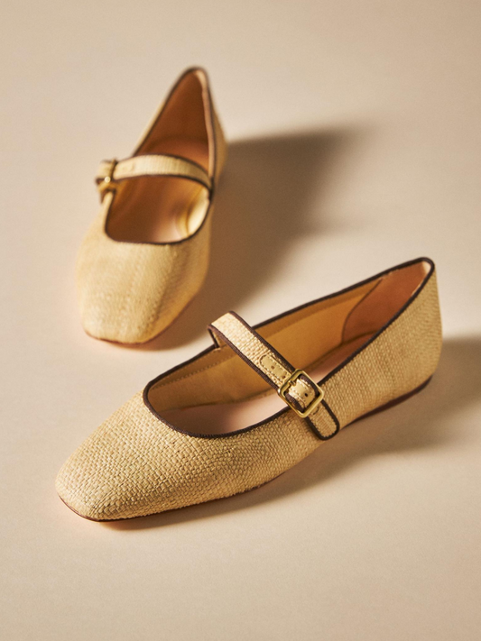 Sand Woven Square-Toe Boho Flats Mary Janes With Buckled Strap