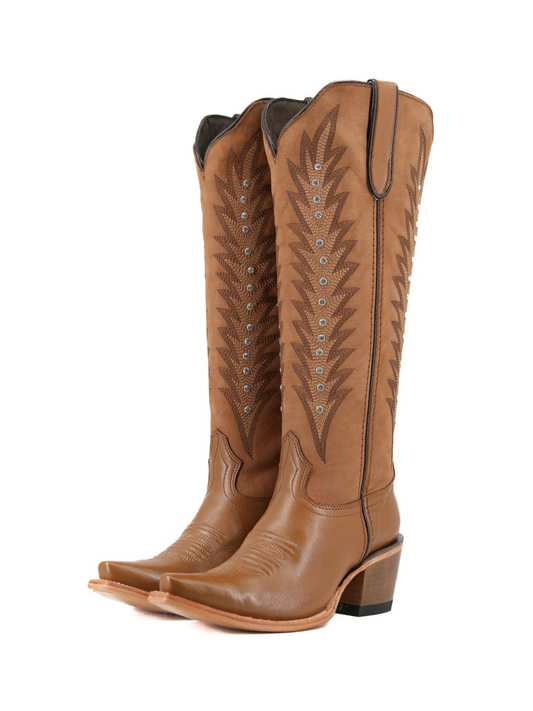 Brown Snip-Toe Half-Zip Classic Embroidery Studded Knee High Cowgirl Boots