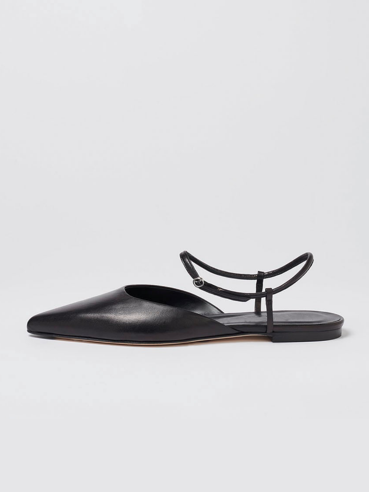 Black Pointed-Toe Vegan Leather Flats With Ankle Strap