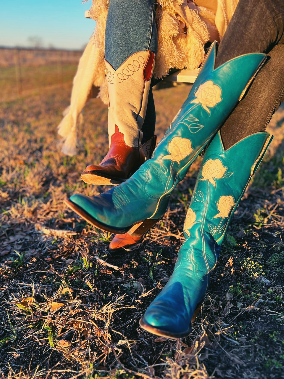 Steel Blue Almond-Toe Cowgirl Wide Calf Boots With White Rose Inlay