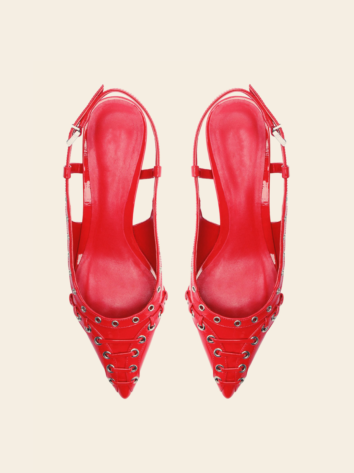 Red Patent Strappy Eyelet Pointy Kitten Heels Slingback Pumps