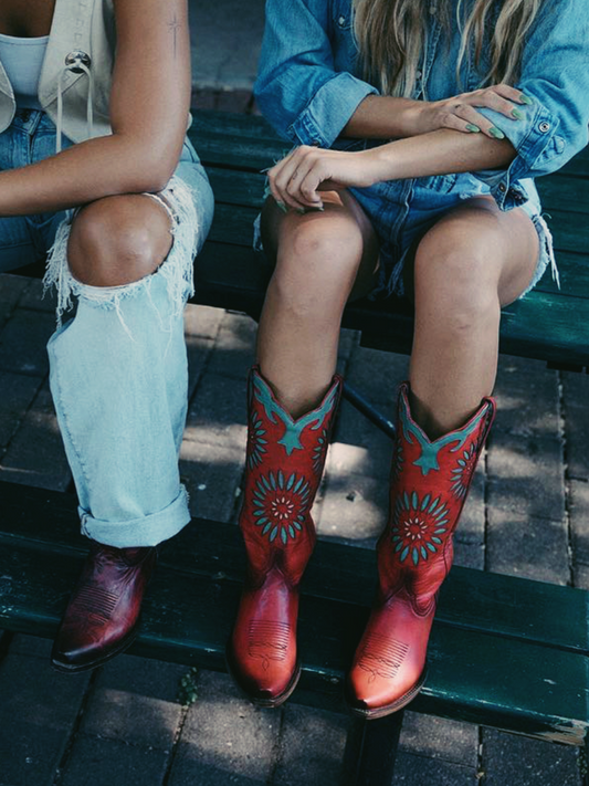 Retro Red Snip-Toe Stitch Mid Calf Western Boots With Green Applique Flower Inlay