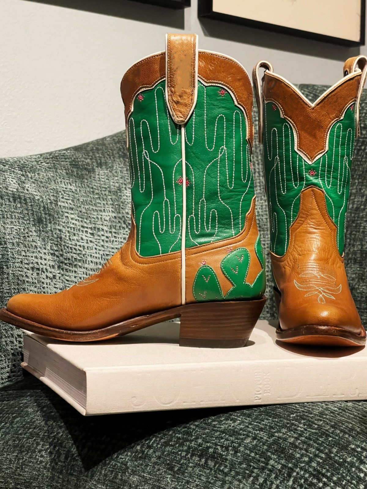 Contrast Tan And Green Flower Embroidery Cactus Applique Stitch Wide Mid Calf Cowgirl Boots