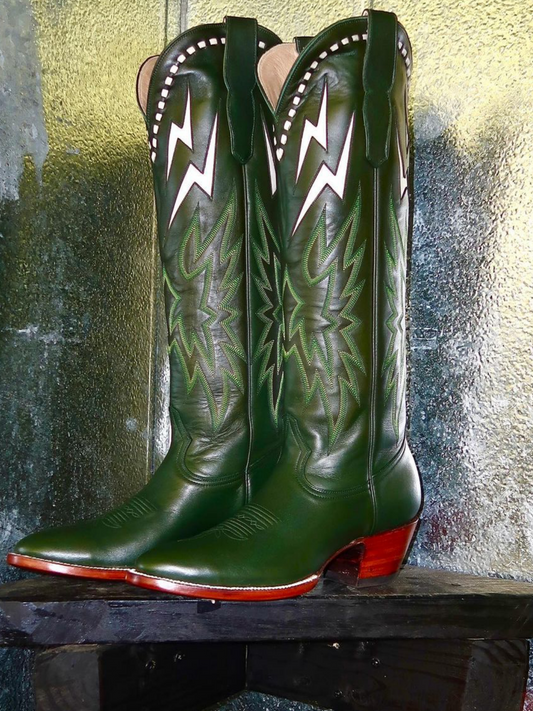 White Lightning Inlay Stitch Embroidery Almond-Toe Wide Mid Calf Tall Cowgirl Boots - Dark Green