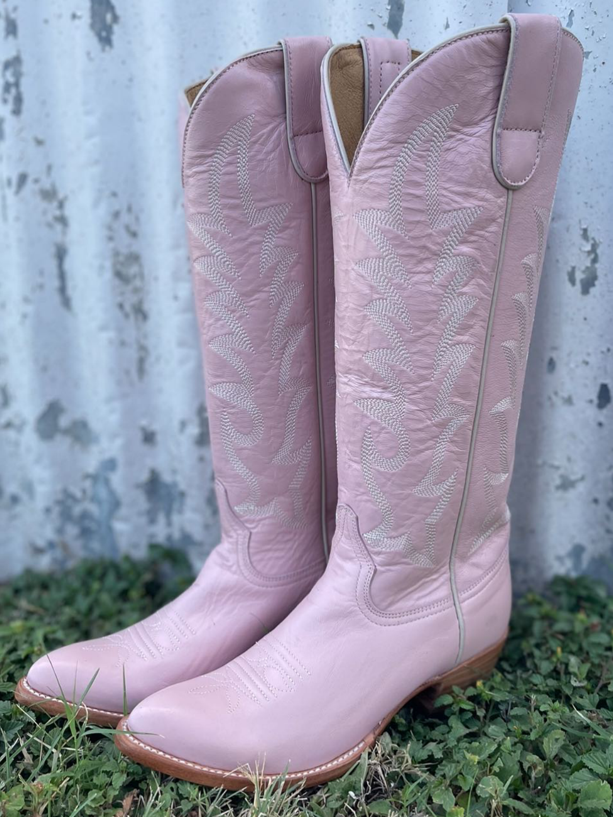 Light Pink Embroidery Almond-Toe Wide Mid Calf Cowboy Tall Boots For Women