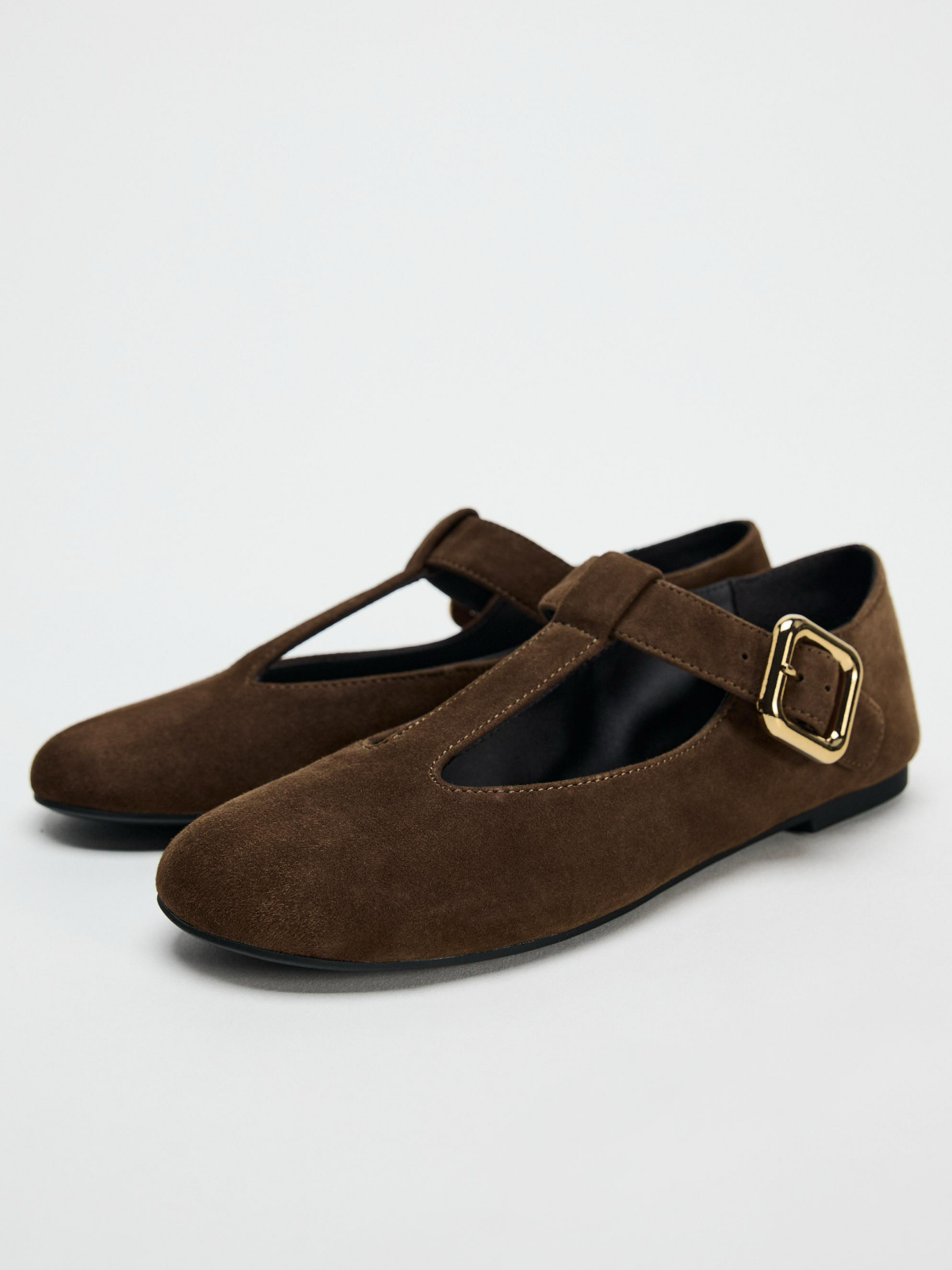 Dark Tan Round-Toe Mary Janes With Buckle Ballet Flats