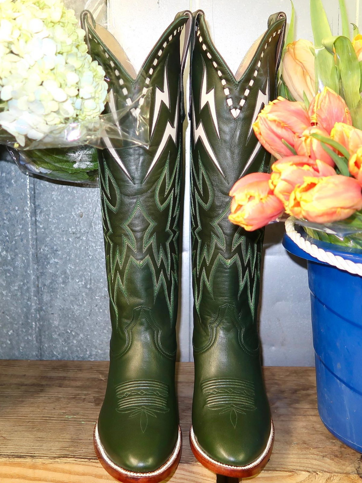 White Lightning Inlay Stitch Embroidery Almond-Toe Wide Mid Calf Tall Cowgirl Boots - Dark Green