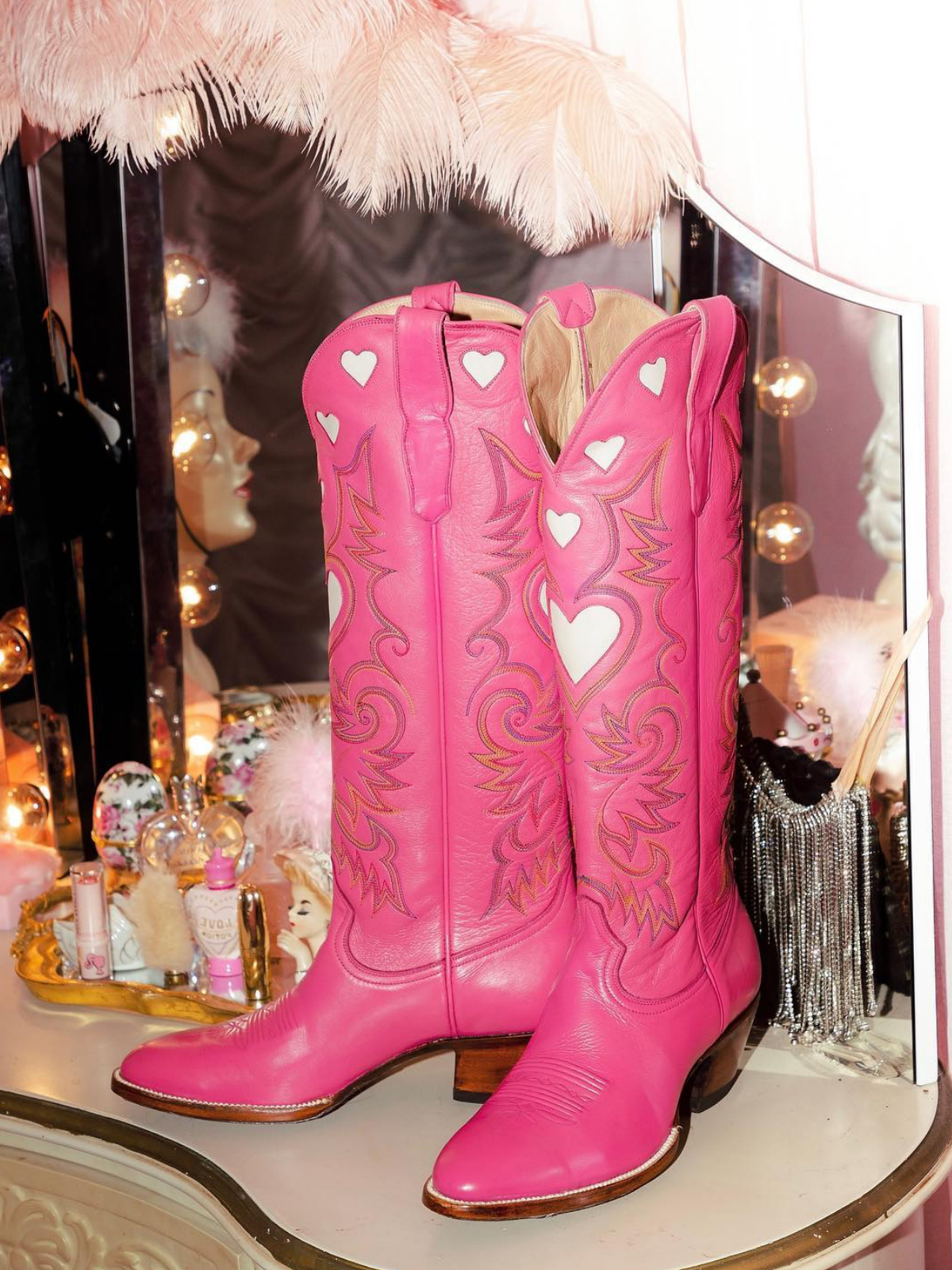 Ivory Heart Inlay Embroidery Almond-Toe Tall Wide Mid Calf Cowgirl Boots - Hot Pink