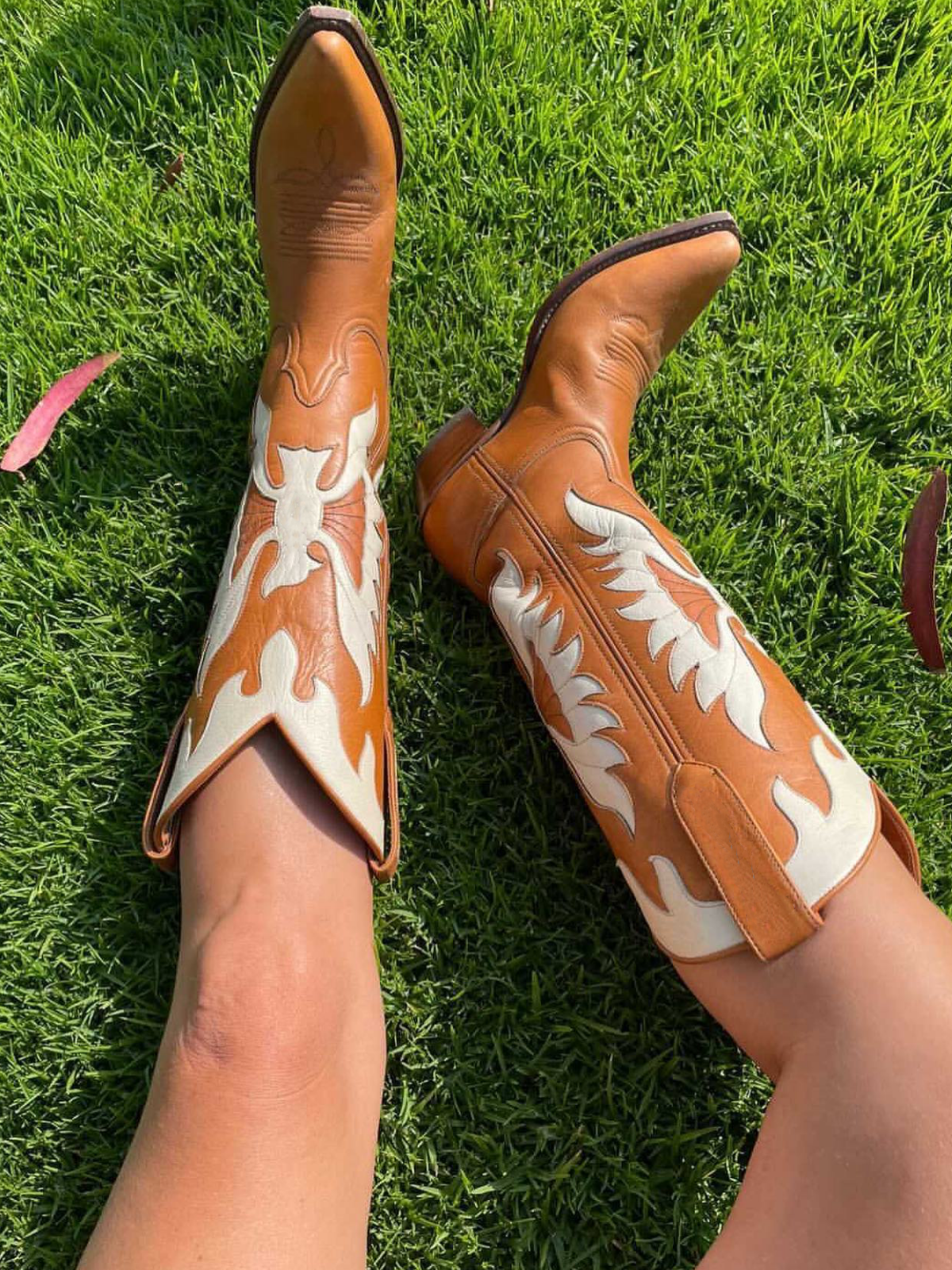 Brown Snip-Toe White Eagle Inlay Wide Mid Calf Tall Cowgirl Boots