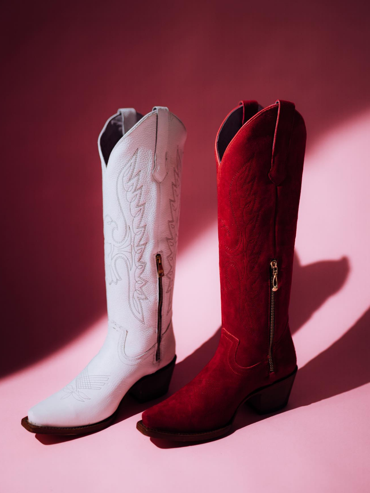 Red Faux Suede Eagle Embroidery Snip-Toe Half-Zip Cowgirl Knee High Tall Boots