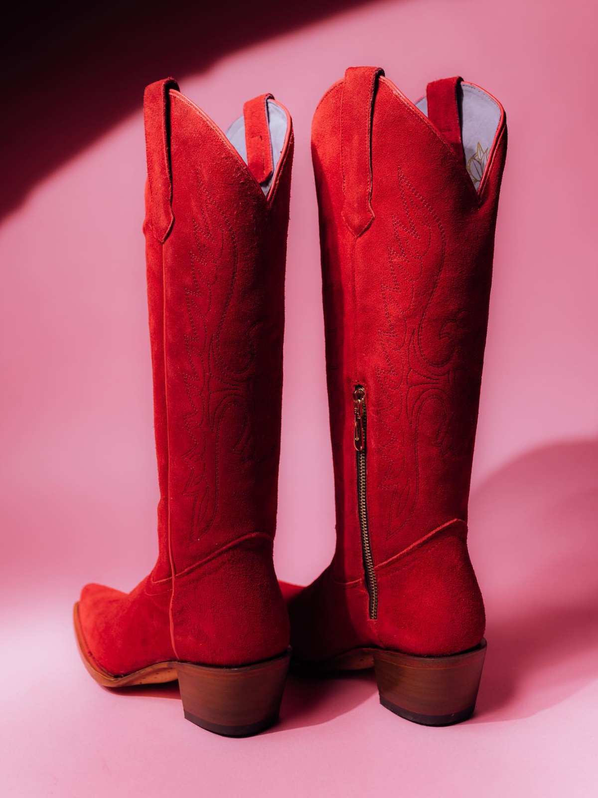 Red Faux Suede Eagle Embroidery Snip-Toe Half-Zip Cowgirl Knee High Tall Boots