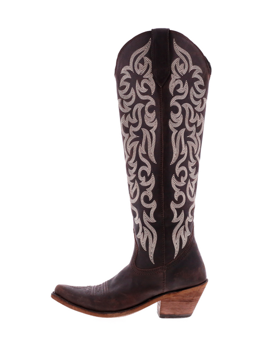 Embroidery Almond-Toe Full-Zip Knee High Tall Cowgirl Boots - Dark Brown