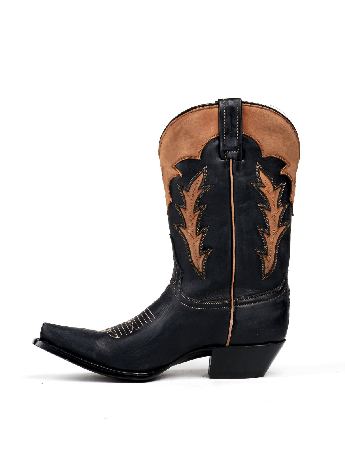 Black Snip-Toe Tan Inlay Applique Wide Mid Calf Cowgirl Boots