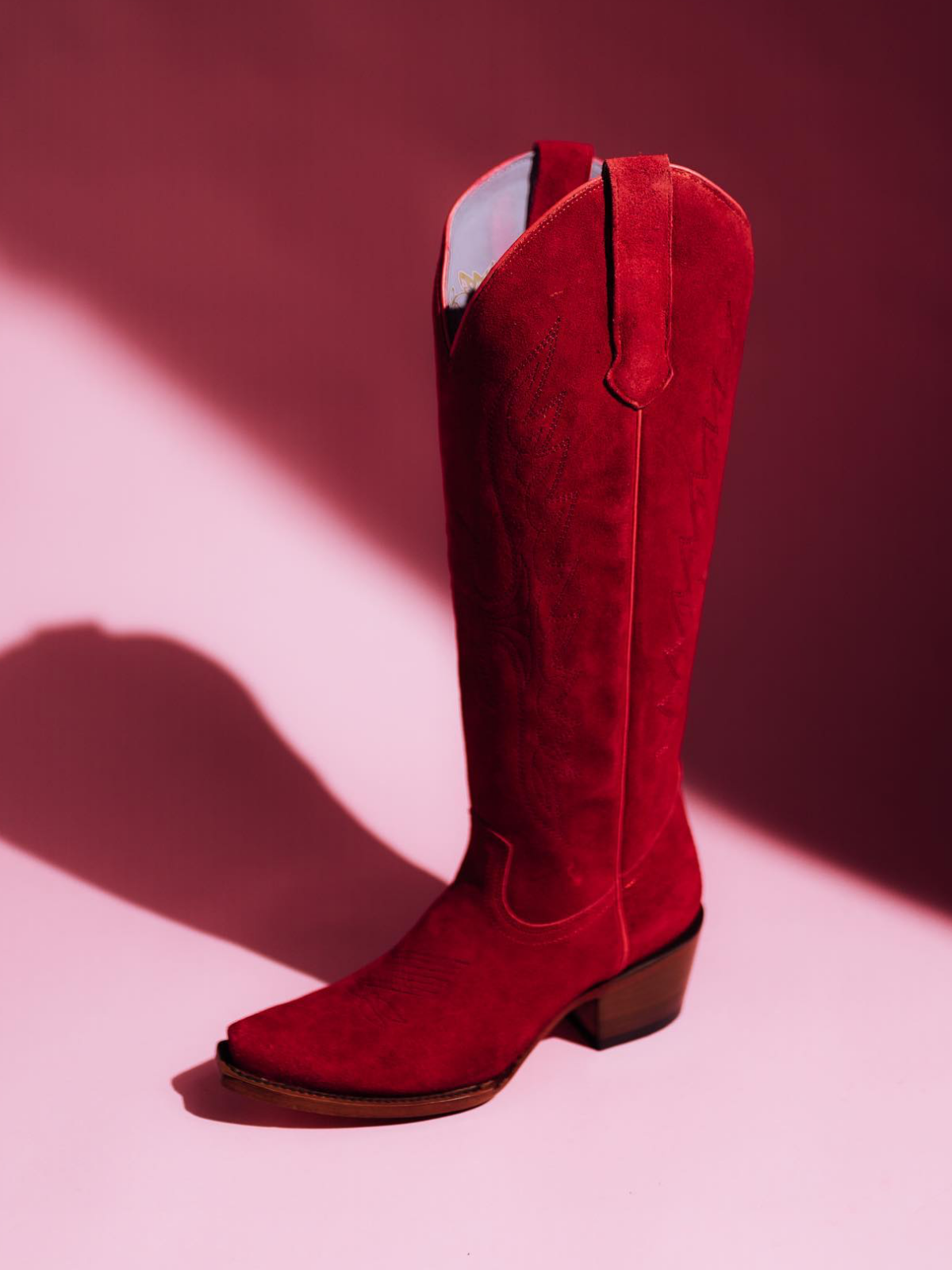 Red Faux Suede Eagle Embroidery Snip-Toe Half-Zip Cowgirl Knee High Tall Boots