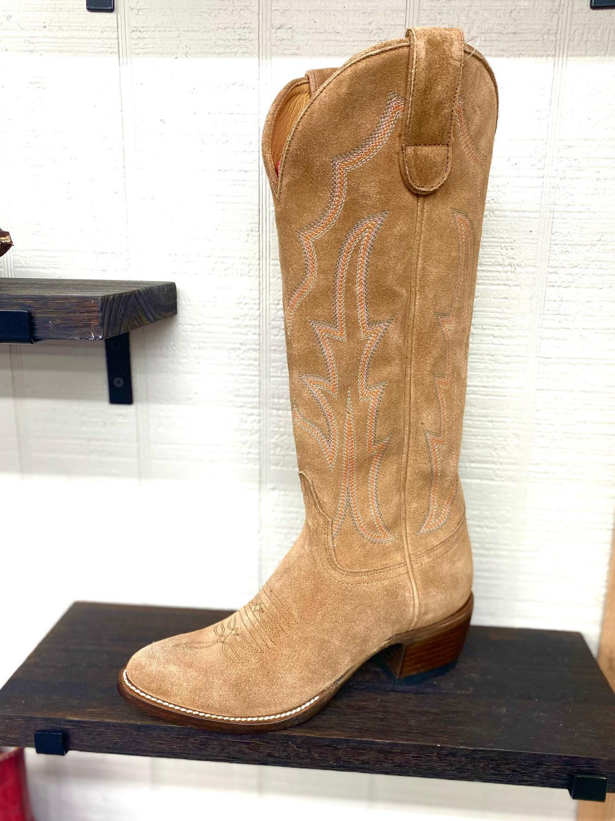 Tan Faux Suede Embroidery Almond-Toe Wide Mid Calf Cowboy Tall Boots For Women